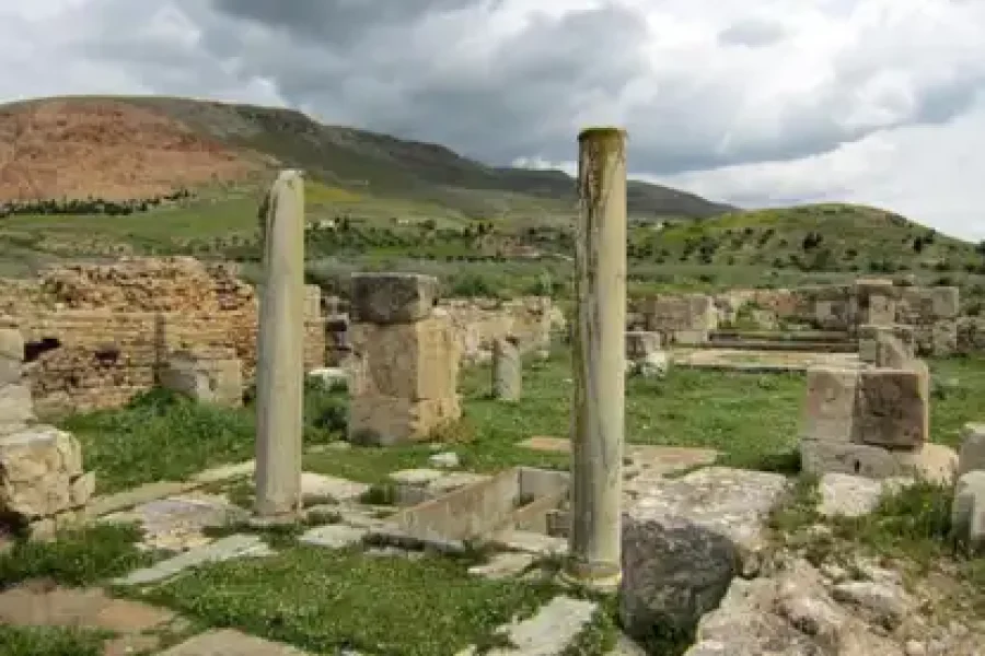Ancient ruins of Dougga with Roman columns and panoramic landscape