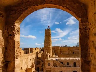 View of the Ribat of Monastir, historic fortress overlooking the Mediterranean Sea, Tunisia
