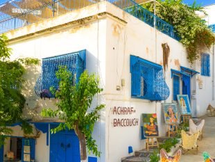 Sidi Bou Said, Tunisia - October 10, 2018:  A famous village with traditional white and blue Tunisian architecture.